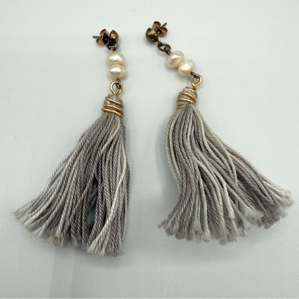 Genuine Pearl and Grey Tassel Earrings